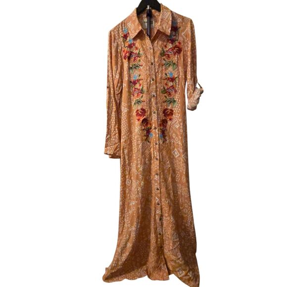 Savanna Jane Maxi Dress L Orange Aztec Floral Embroidered Cottage Core Rayon - Picture 1 of 9